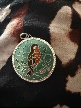 Sarah Coventry Green Enamel Bird Pendant with Brown Accents